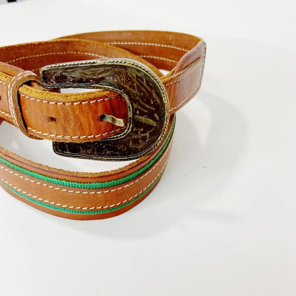 Italian Leather Belt With Green Accents Size Large